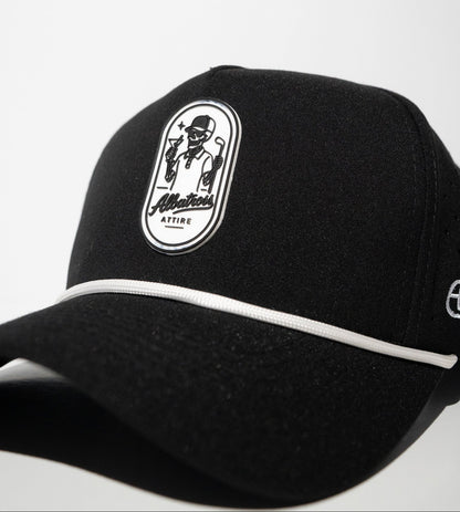 Three-quarter view of black Bones on the Green golf snapback