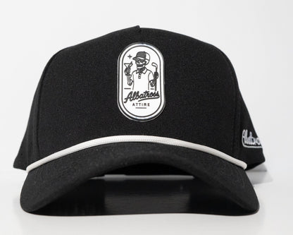 A black baseball cap with a white embroidered oval logo on the front that reads 'Allathers Attire' and a white stripe along the edge of the brim, shown on a light gray background.