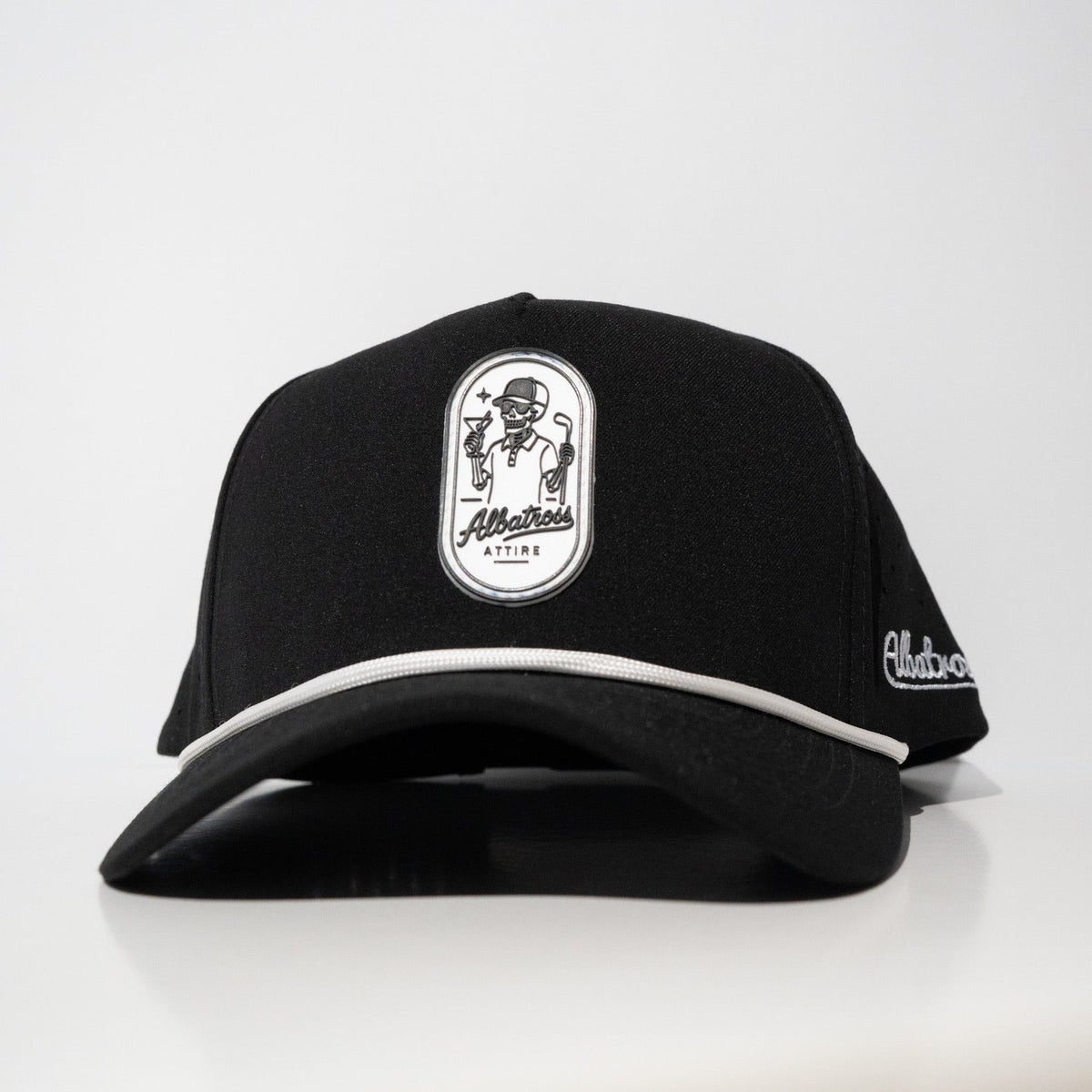 Black Bones on the Green skeleton golf hat with white rope and embroidered patch