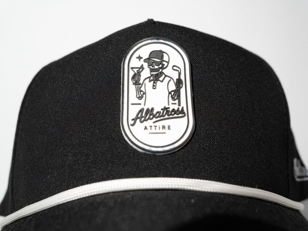 Front view of the Bones on the Green embroidered skeleton golf hat
