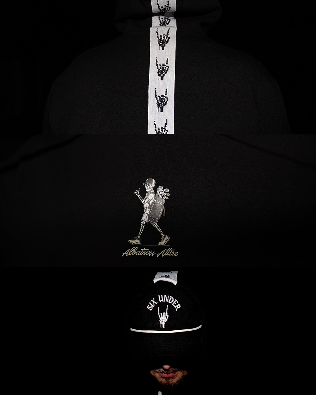 A black hoodie with a white vertical stripe featuring a repeating black hand logo, shown alongside a black beanie with a white logo and a silver graphic of a dancing skeleton. The beanie has '6TH UNDER' printed on it.